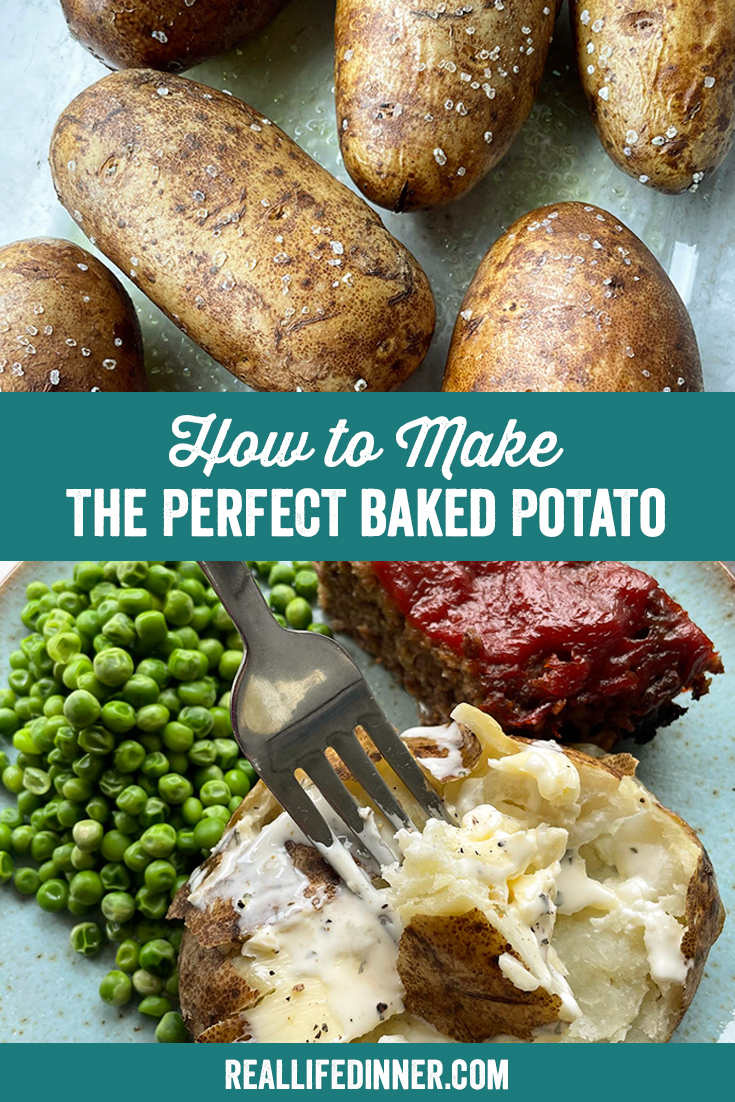 Two-photo Pinterest picture with the text "How to Make the Perfect Baked Potato" in the middle.