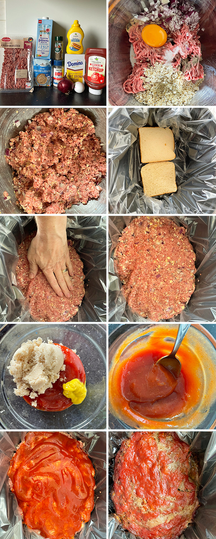 Step-by-step photo collage of how to make the best slow cooker meatloaf.