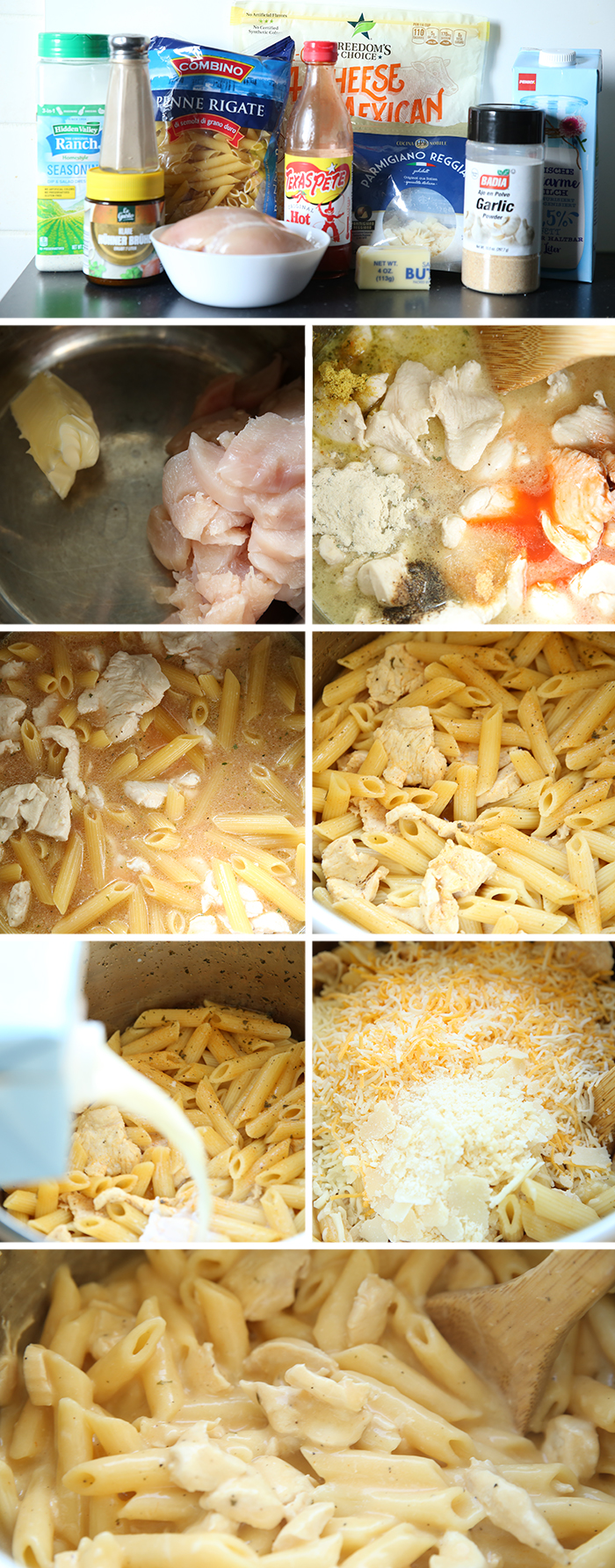 8-photo picture collage of step-by-step photos of how to make Instant Pot Buffalo Chicken Pasta.