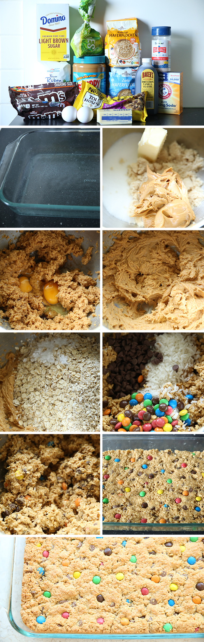 10-photo picture collage of step-by-step photos for how to make Monster Cookie Bars