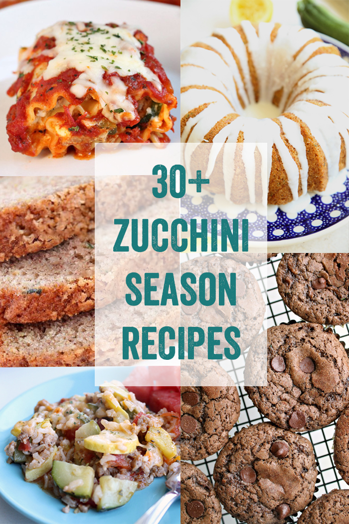A 5-photo picture collage of lasagna, zucchini bread, a serving of zucchini skillet on a blue plate, chocolate zucchini muffins and a lemon zucchini bundt cake with the text of the title centered in the middle.