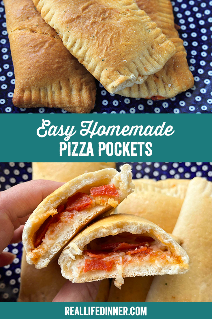 Two-photo Pinterest picture with the text "Easy Homemade Pizza Pockets" in the middle, separating the two.