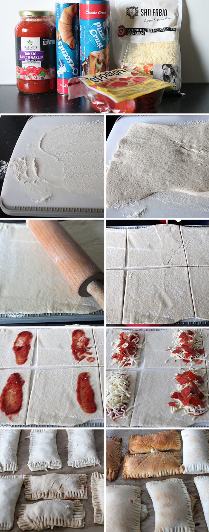 9-photo picture collage of step-by-step photos of how to make Easy Homemade Pizza Pockets.