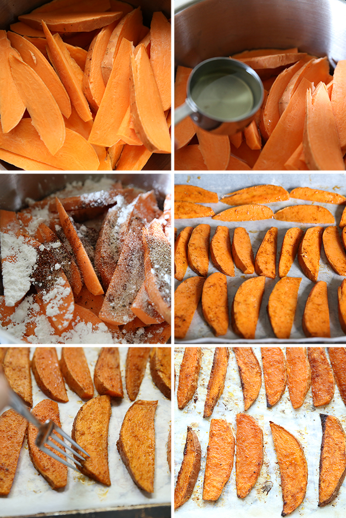 6-photo picture collage of step-by-step photos of how to make baked sweet potato wedges.