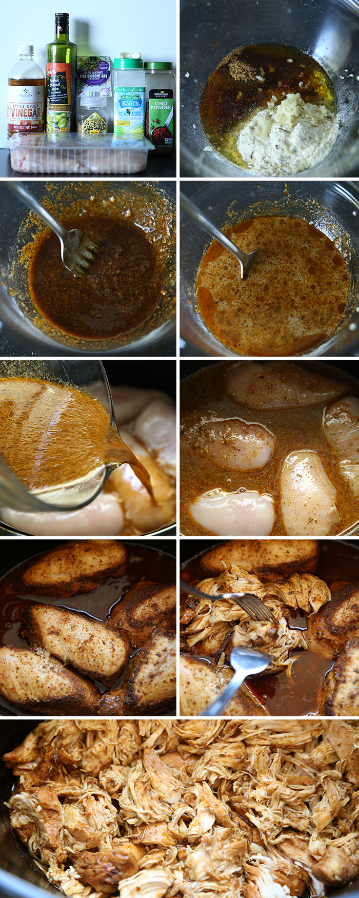 10-photo picture collage of step-by-step photos of how to make copycat cafe rio shredded chicken.