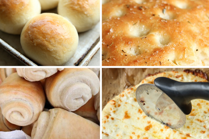 4-photo picture collage of the best dinner rolls, copycat macaroni grill rosemary bread, Lion House Rolls, and the best cheese breadsticks.