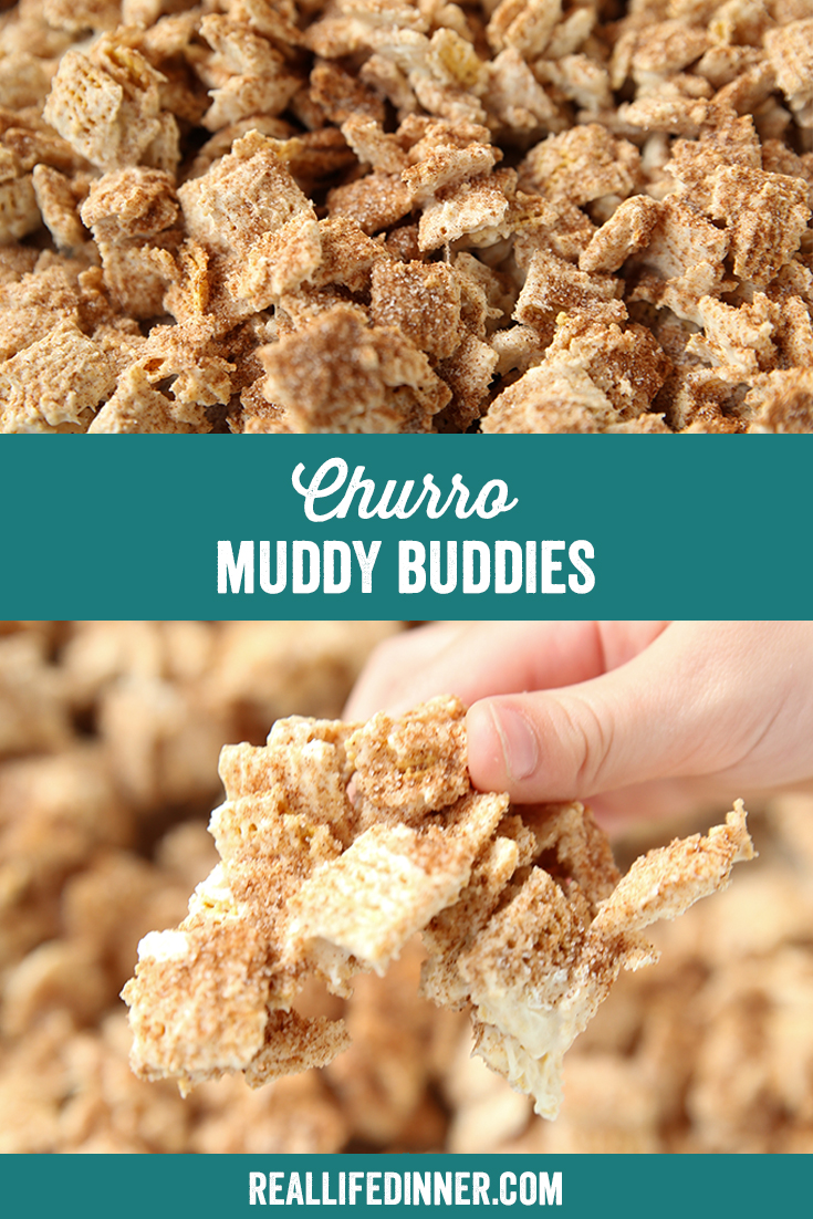 Two-photo Pinterest picture with the text "Churro Muddy Buddies" in the middle, separating the two photos.