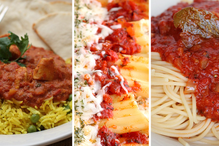 Three photo picture collage of chicken tikka masala, amazing manicotti, and amazing spaghetti sauce.