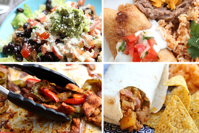 Four-photo picture collage of cafe rio sweet pork, chicken chimichanga dinner, Mar's burritos, and sheet pan chicken fajitas