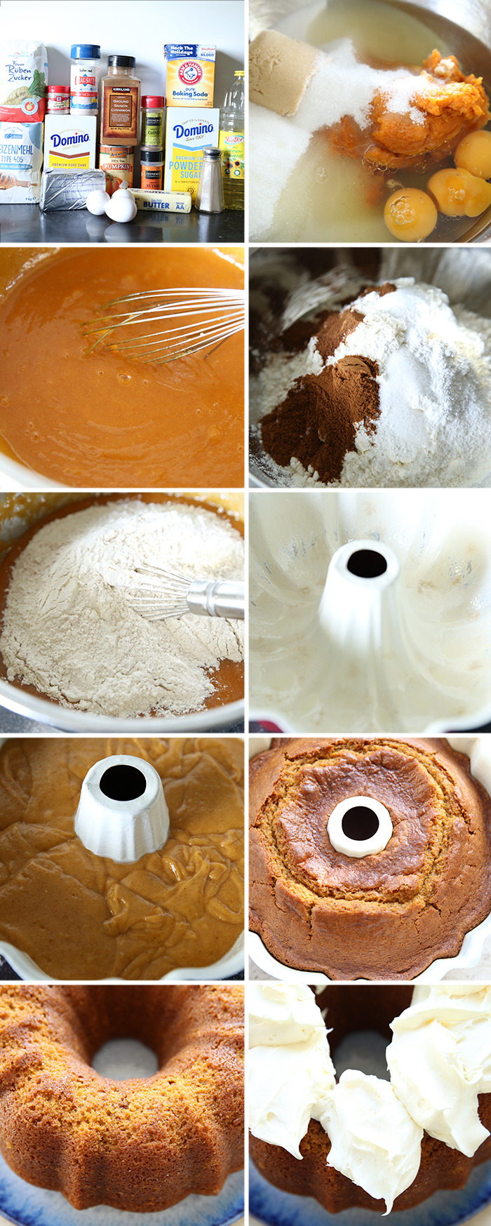 10-photo picture collage of step-by-step photos of how to make pumpkin bundt cake with cream cheese frosting.