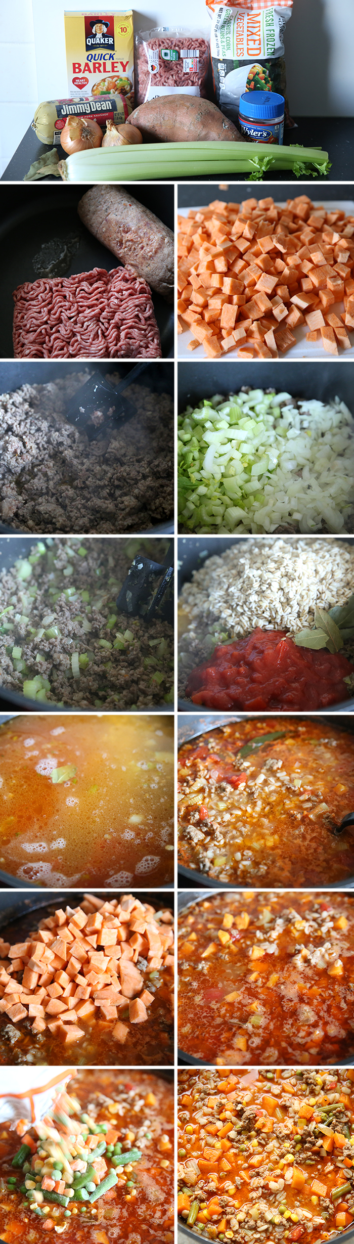 13-photo picture collage of step-by-step photos of how to make the best beef barley soup.