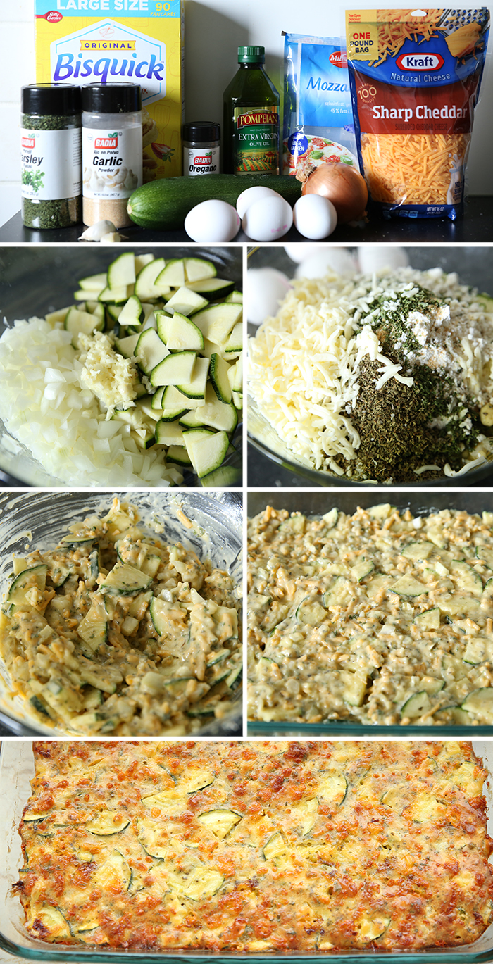 6-photo picture collage of step-by-step photos of how to make Toni's zucchini pizza.