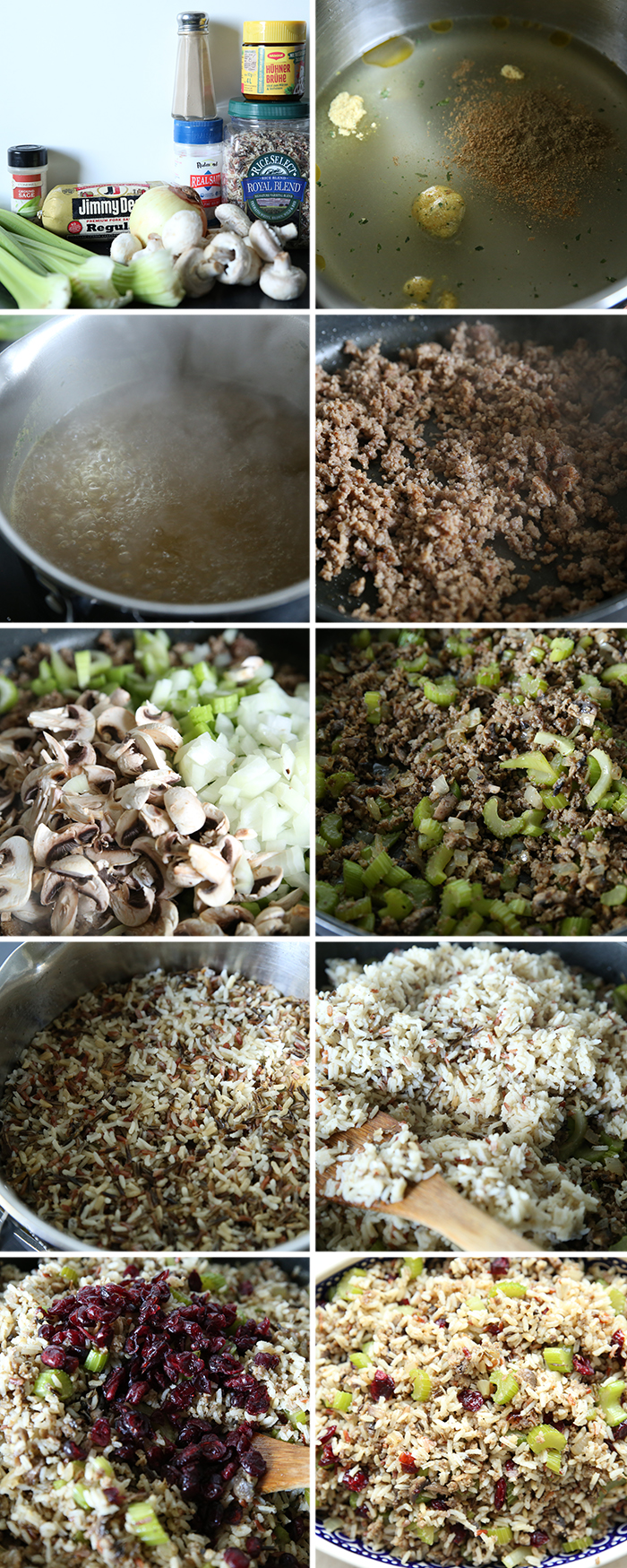 10-photo picture collage of step-by-step photos of how to make wild rice sausage and mushroom stuffing.