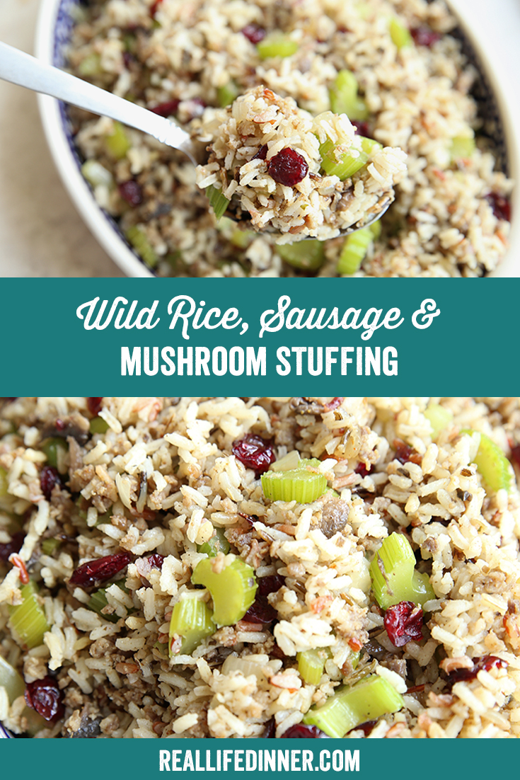 Two-photo Pinterest picture of Wild Rice Sausage and Mushroom Stuffing with the text of the title in the middle, separating the photos.