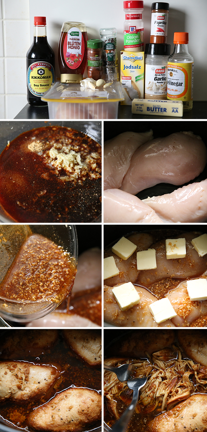 7-photo picture collage of step-by-step photos of how to make Slow Cooker Honey Garlic Chicken.