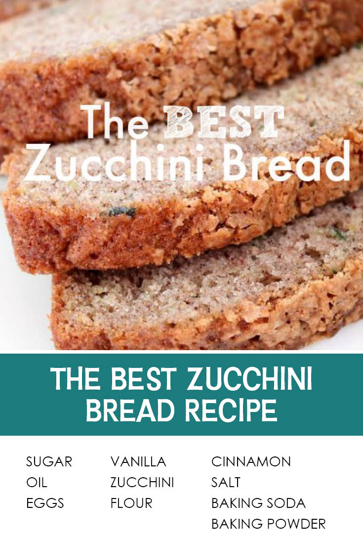 Pinterest picture with the text of the title separating the photo of sliced zucchini bread and the ingredients list. The text of the title is also overlaid on the photo.