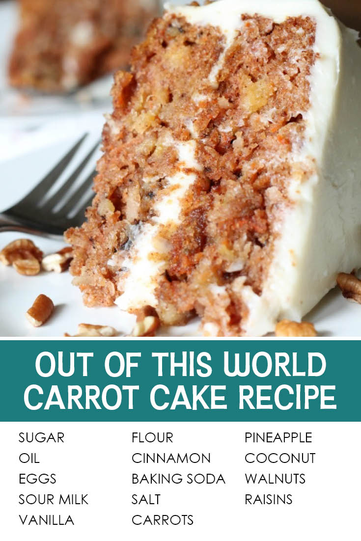 Pinterest picture with the title between the photo of the piece of carrot cake and the list of ingredients.