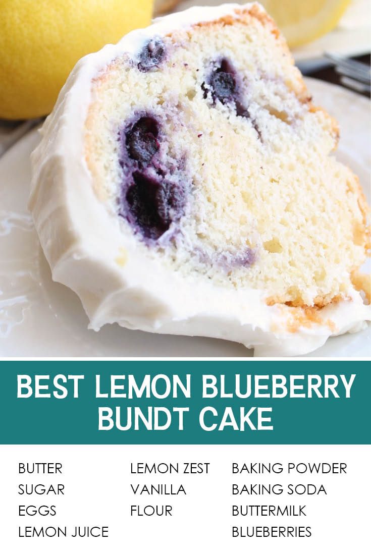 Pinterest picture of a slice of lemon blueberry bund cake with lemon cream cheese frosting sitting on a white plate with a partial picture of a lemon in the upper left corner. The text of the title separates the photo and the ingredients list of the recipe at the bottom.
