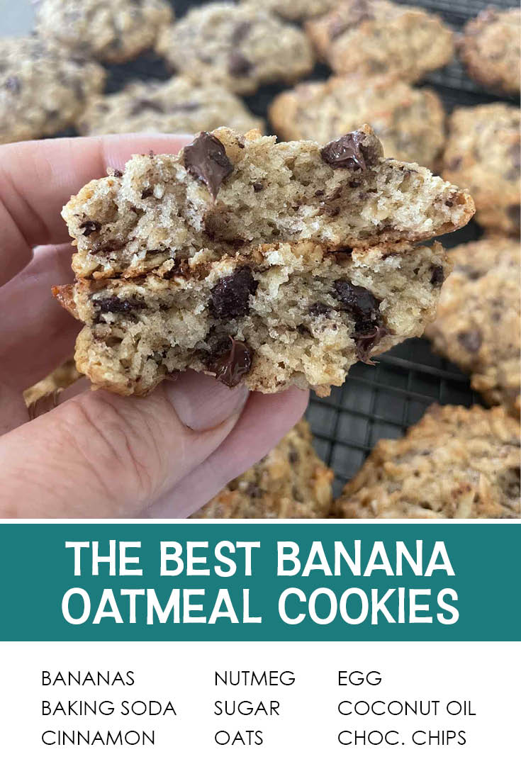 Pinterest picture of banana oatmeal chocolate chip cookies on a cooling rack with a broken in half cookie held above. The text of the ingredients is at the bottom, and the text of the title is right above it.