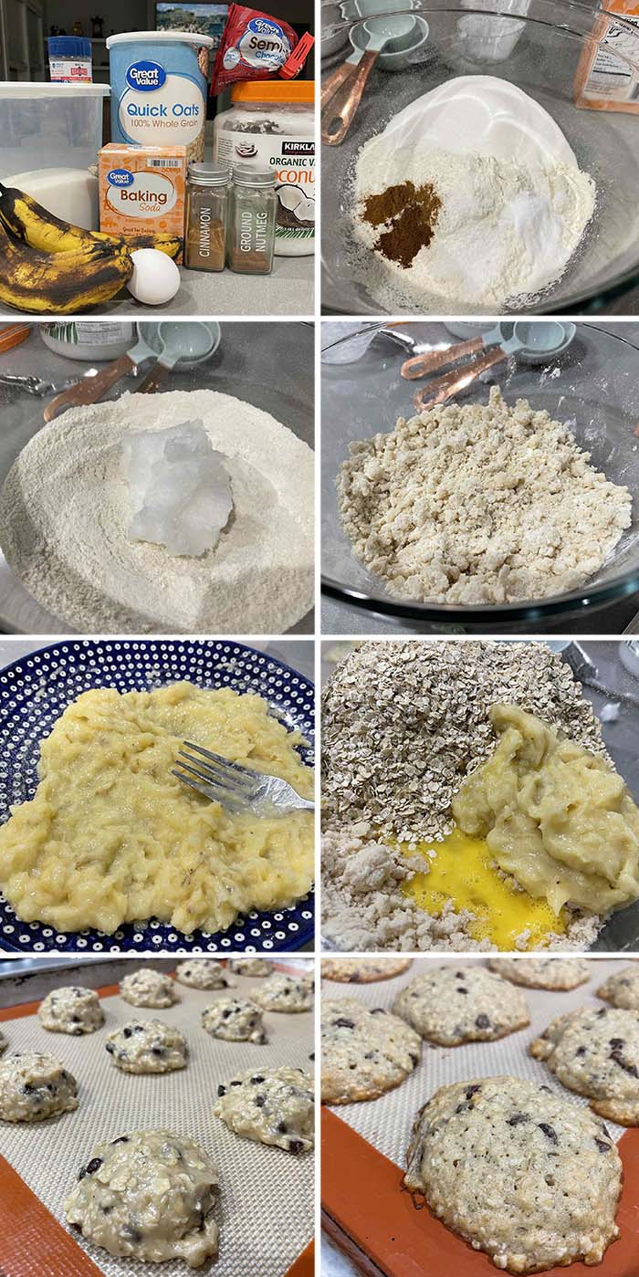 8-photo picture collage of step-by-step photos of how to make the best banana oatmeal cookies.