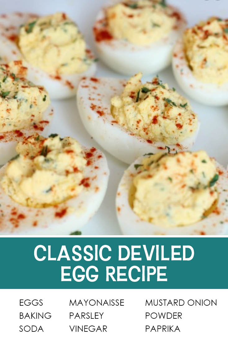 Pinterest picture of deviled eggs with the text of the ingredients list at the bottom and the text of the title directly above it.