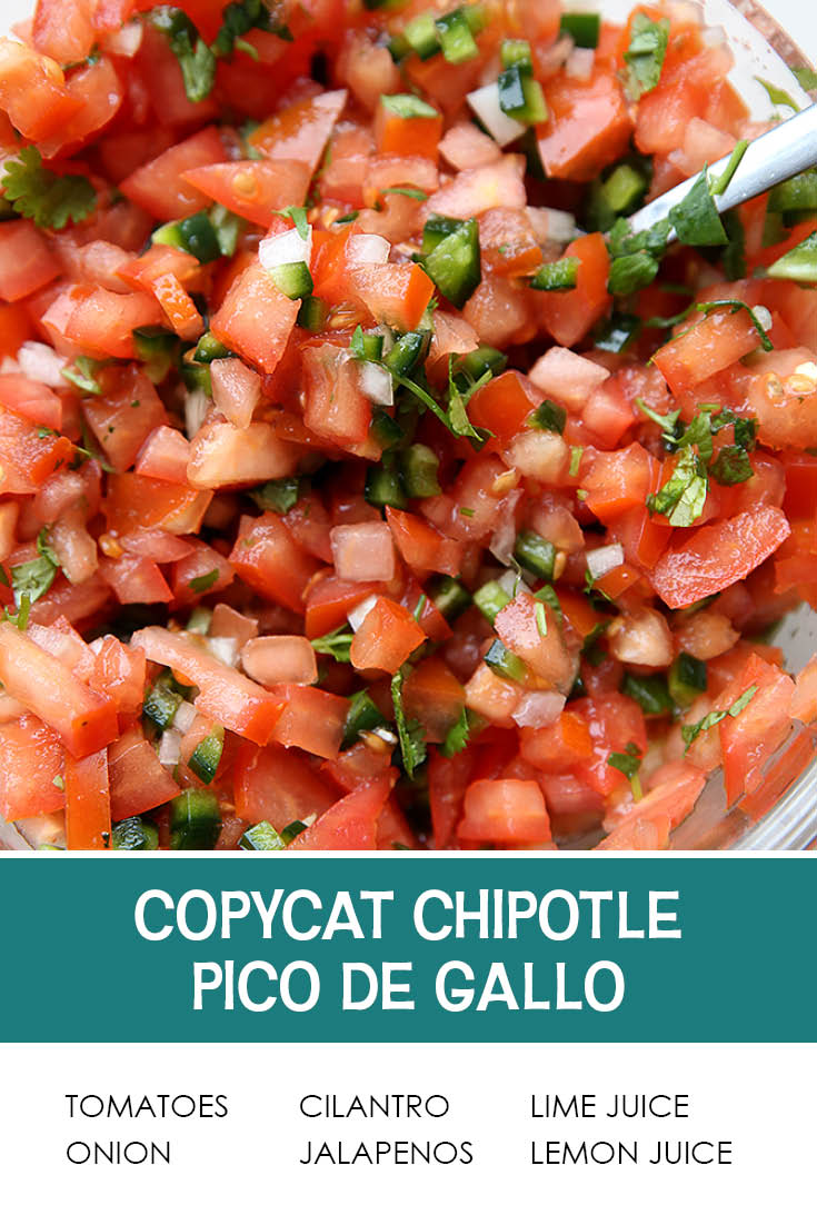 Pinterest picture of Copycat Chipotle Pico de Gallo with the text of the ingredients at the bottom and the text of the title directly above the ingredients' list.