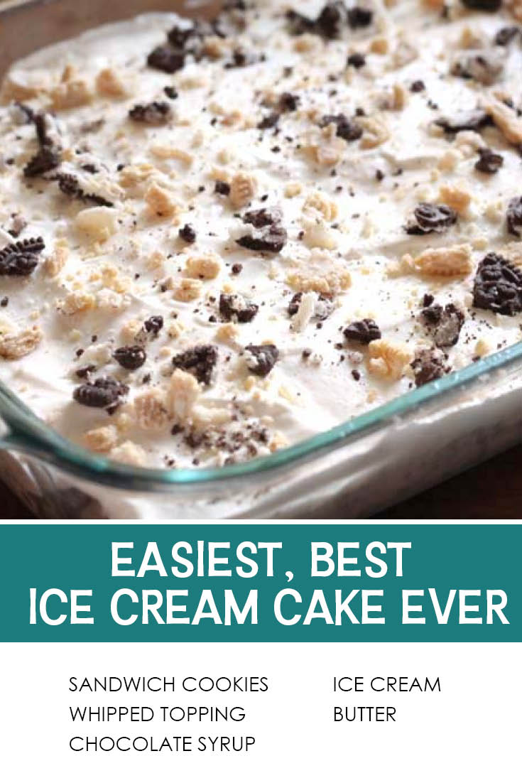 Pinterest picture of the best ice cream cake with the text of the title at the bottom and the text of the ingredients list underneath it.