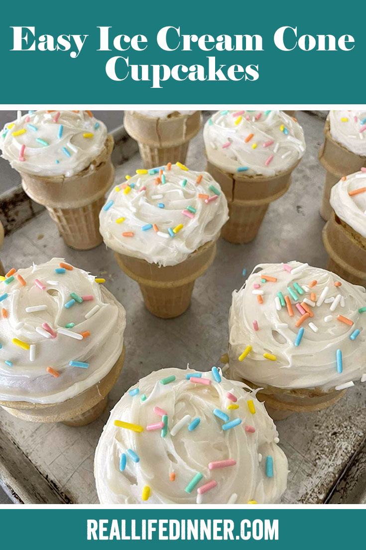 Pinterest picture of vanilla frosted ice cream cone cupcake with sprinkles on a baking sheet with the text of the title at the top.