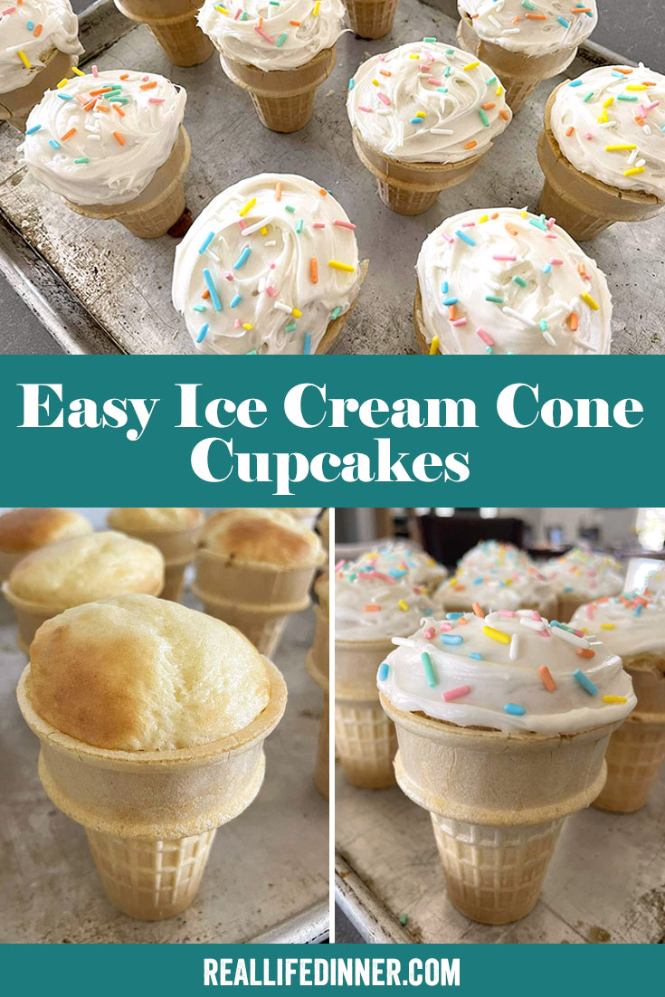 Three-photo picture collage of Easy Ice Cream Cone Cupcakes with the text of the title in the middle separating the one photo at the top and two photos on the bottom. The top photo has frosted ice cream cone cupcakes with sprinkles on a baking sheet. The bottom left photo has unfrosted cupcake cones. The bottom right photo are frosted cupcake cones with sprinkles.