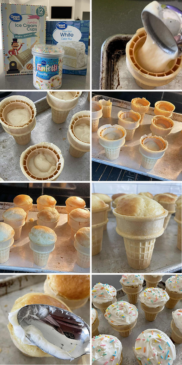 8-photo picture collage of step-by-step photos of how to make easy ice cream cone cupcakes.