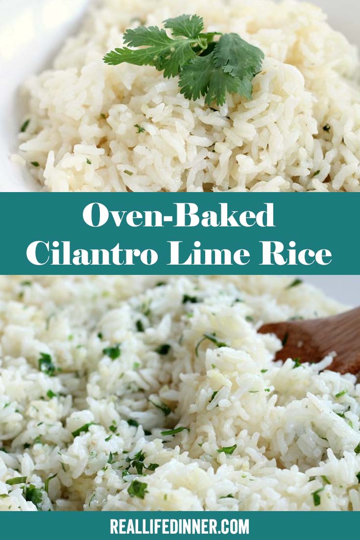 Two-photo Pinterest picture of Oven Baked Cilantro Lime Rice with the text of the title in the middle separating the two photos.