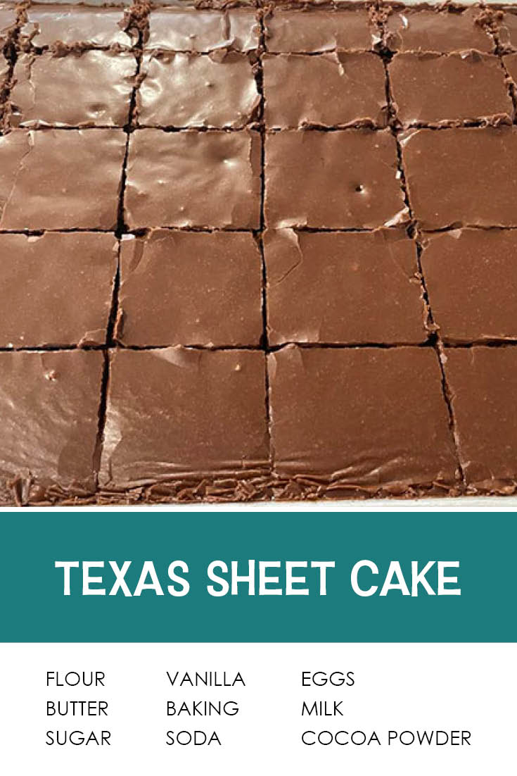 Pinterest picture of Texas Sheet Cake cut into squares with the text of the title at the bottom and the text of ingredients below the title.