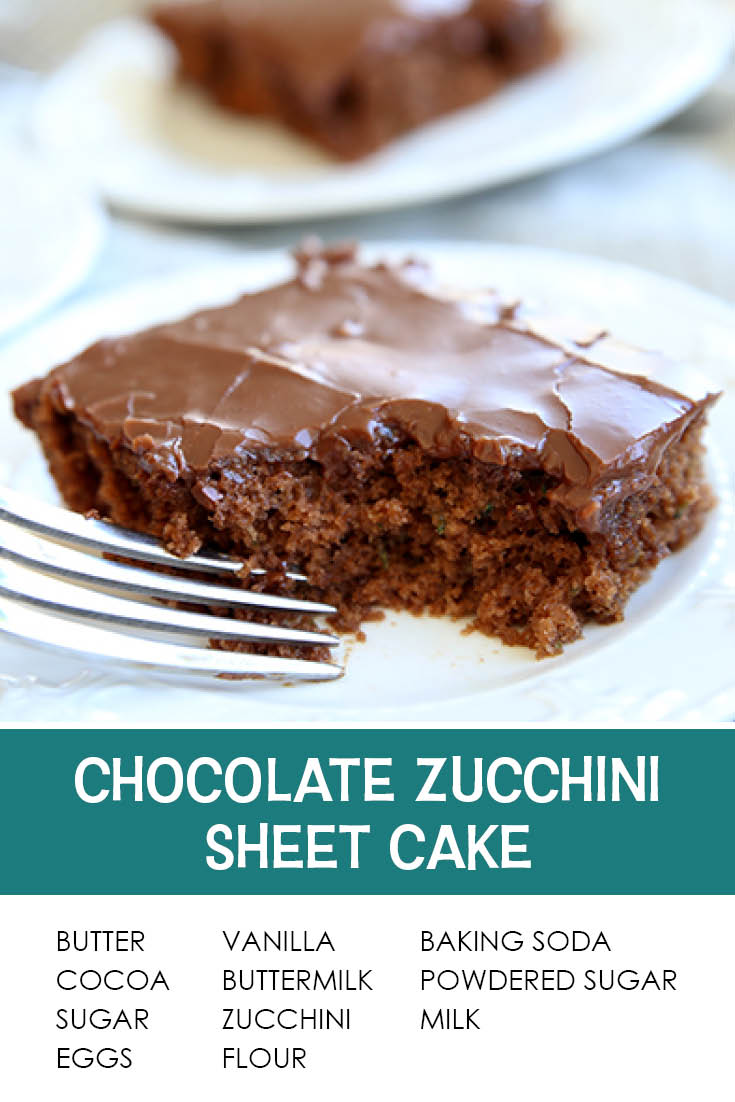 Pinterest picture of chocolate zucchini sheet cake with the text of the ingredients at the bottom and the text of the title right above the ingredients list.