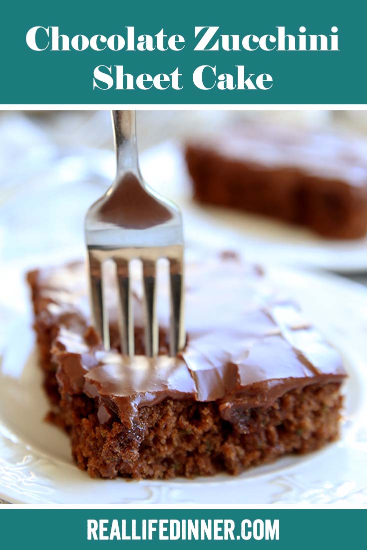 Pinterest picture of chocolate zucchini sheet cake with the text of the title at the top.