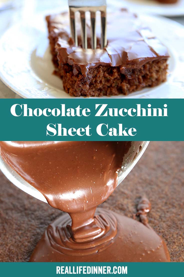 Two-photo Pinterest picture of chocolate zucchini sheet cake with the text of the title in the middle and Fudgy frosting being poured onto the chocolate zucchini sheet cake.