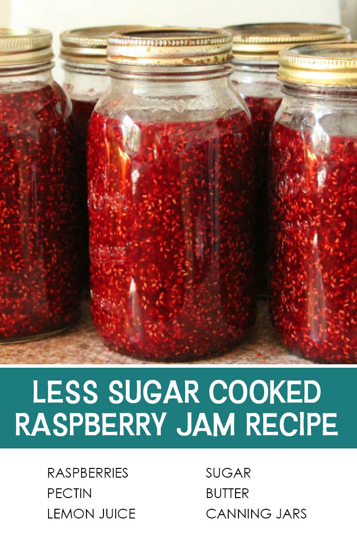 Pinterest picture of jars of less sugar cooked raspberry jam with the text of the title below the photo and the text of the ingredients below the title.