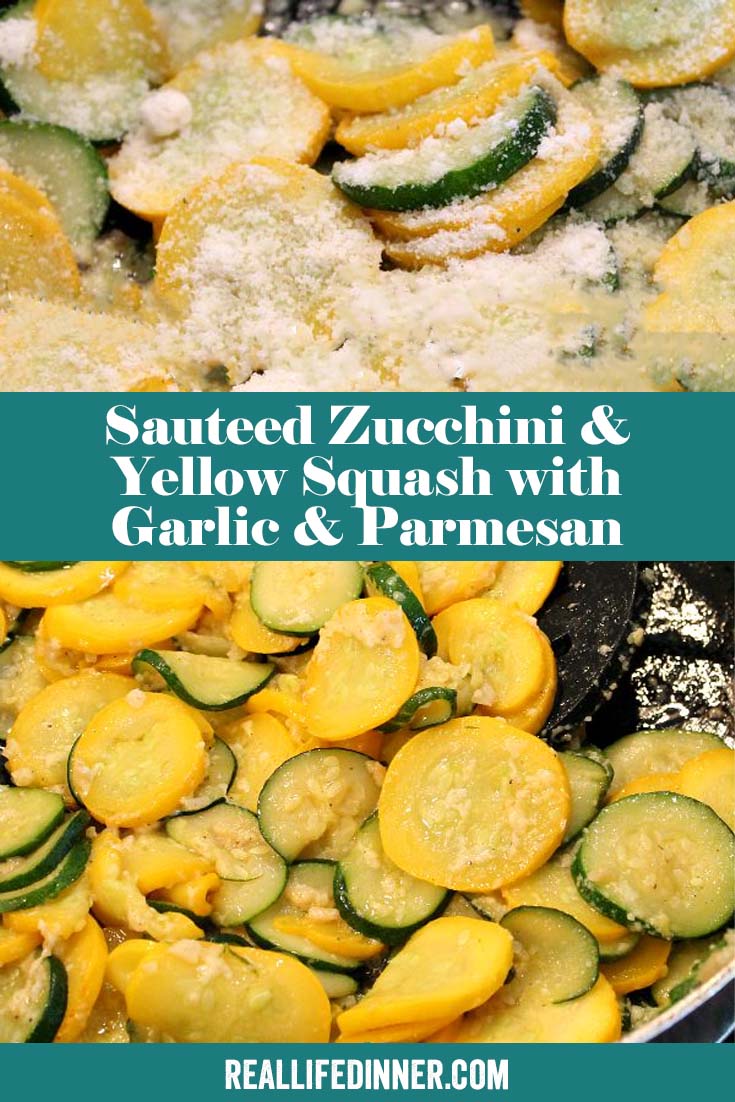 Two-photo Pinterest picture of sautéed zucchini and yellow squash with the text of the title in the middle.