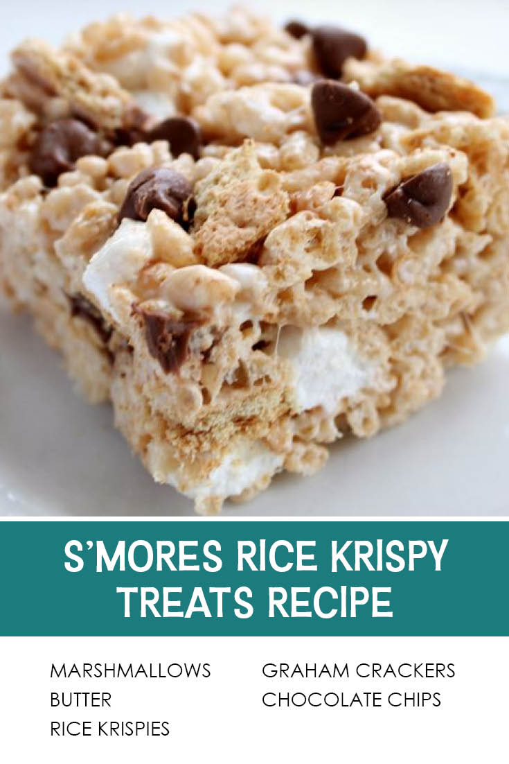 Pinterest picture of s'mores Rice Krispy Treats with the text of the ingredients at the bottom and the text of the title above the ingredients list.
