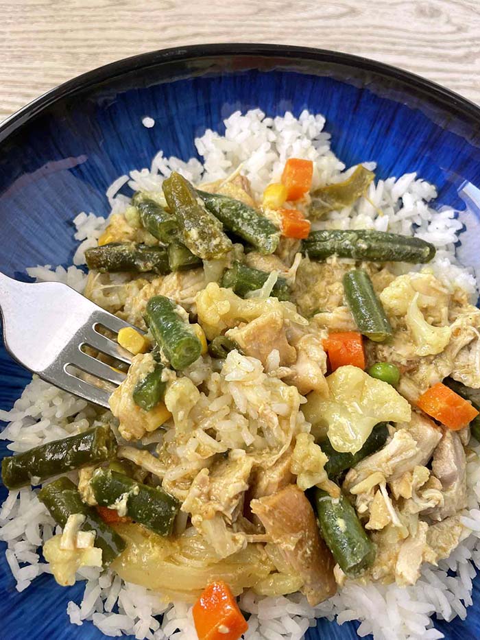 A dark blue dinner plate of shredded chicken curry with vegetables served over white rice.