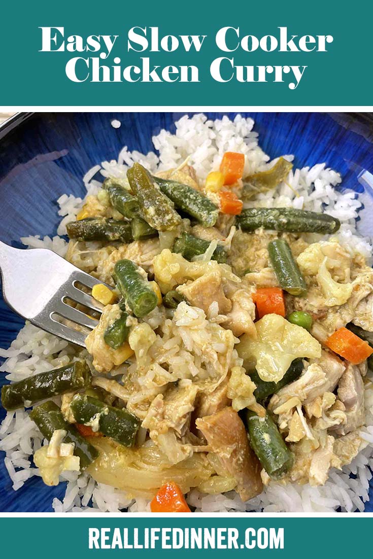 Pinterest picture of Easy Slow cooker Chicken Curry with the text of the title at the top.