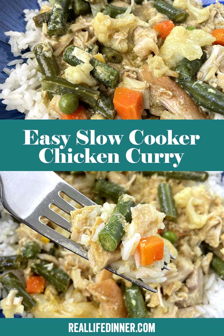 Two-photo Pinterest picture of slow cooker chicken curry with the text of the title of the recipe in the middle, separating the two photos.