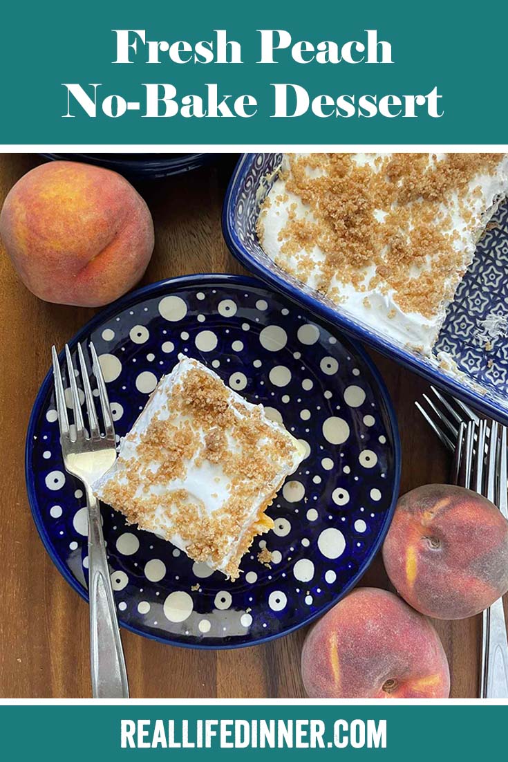 Pinterest picture of Fresh Peach No-Bake Dessert with the text of the title at the top.