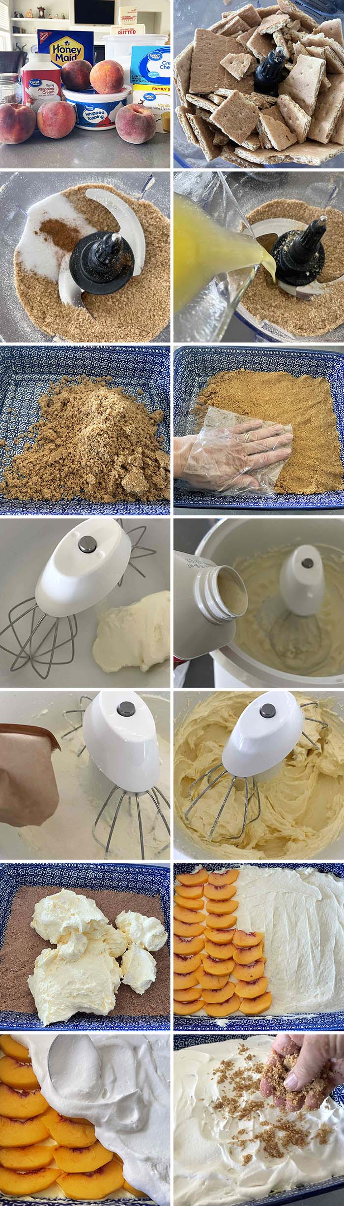14-photo picture collage of step-by-step photos of how to make fresh peach no-bake dessert.