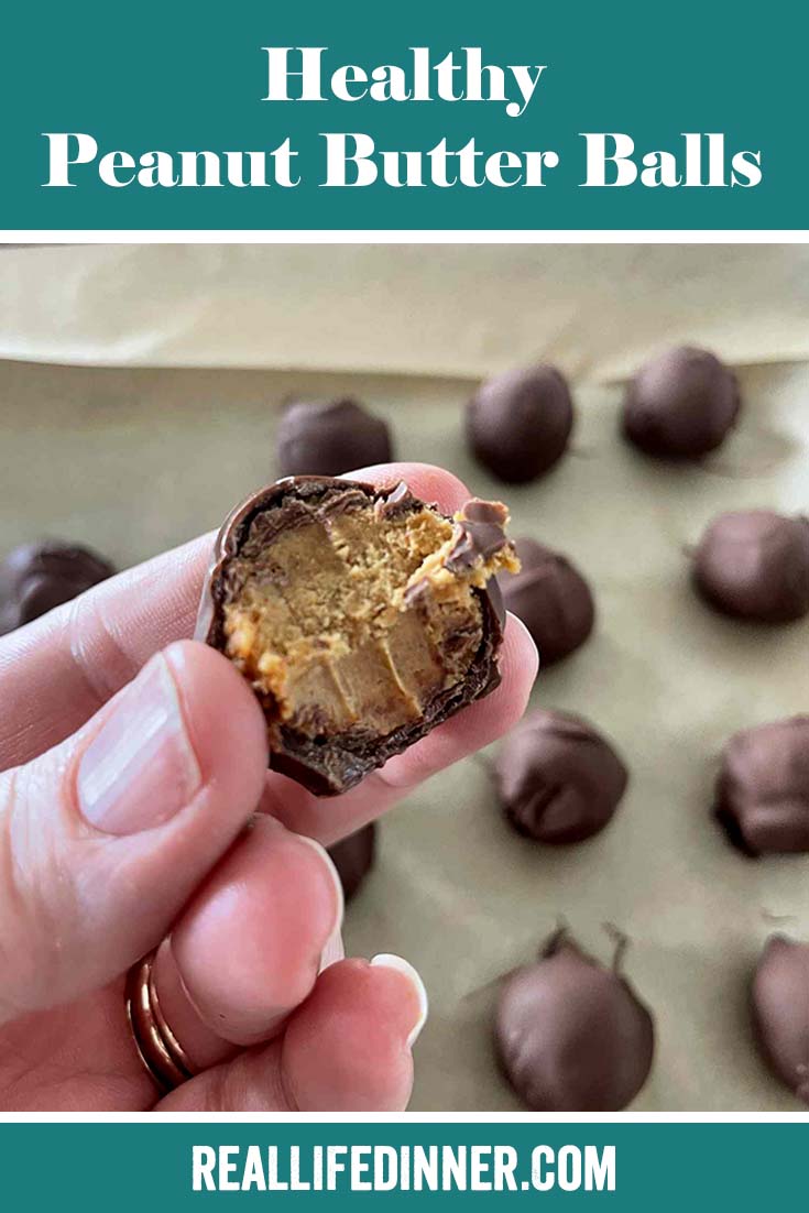 Pinterest picture of healthy peanut butter balls with the text of the title at the top.
