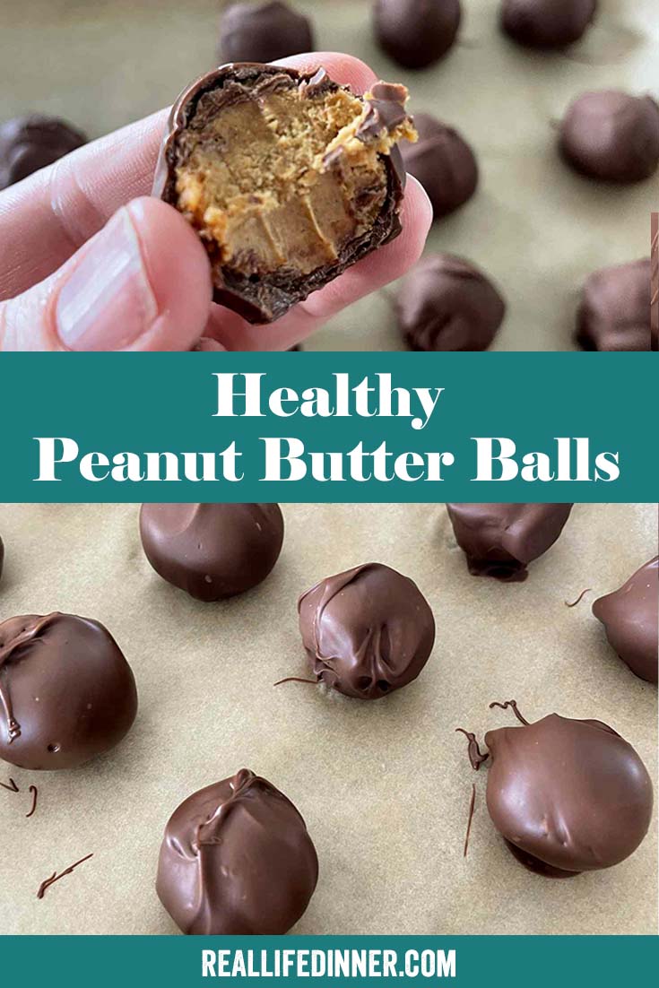 Two-photo Pinterest picture of Healthy Peanut Butter Balls with the text of the title in the middle.