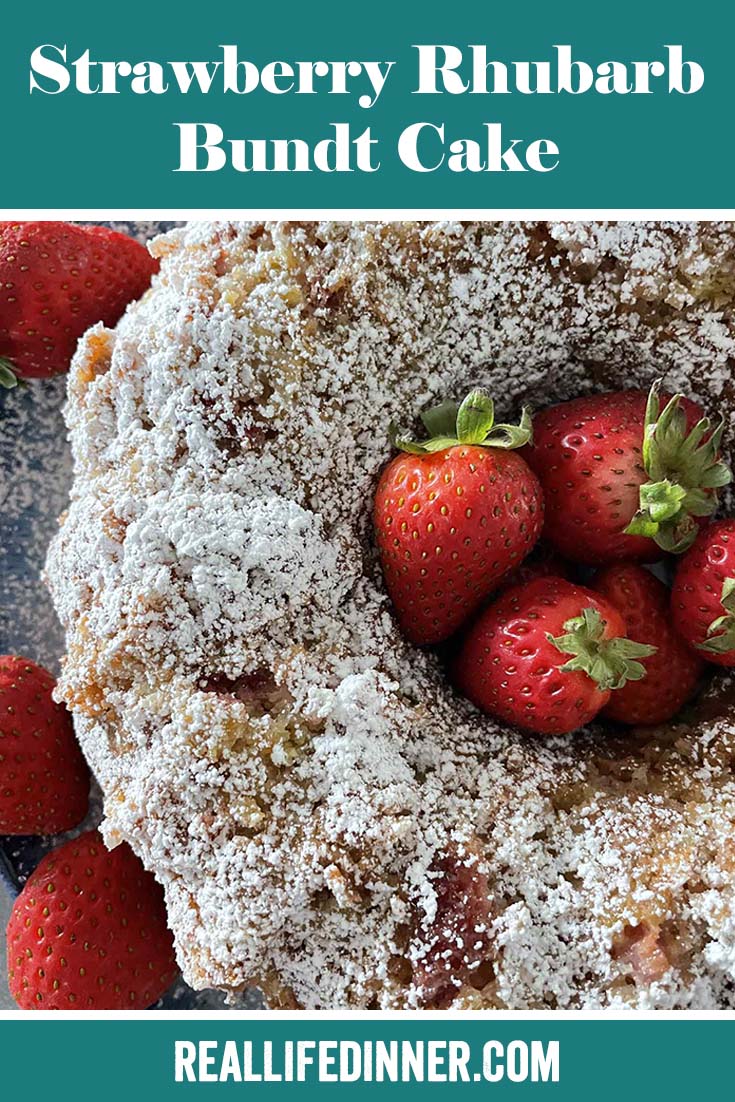 Pinterest picture of Strawberry Rhubarb Bundt Cake with the text of the title at the top.