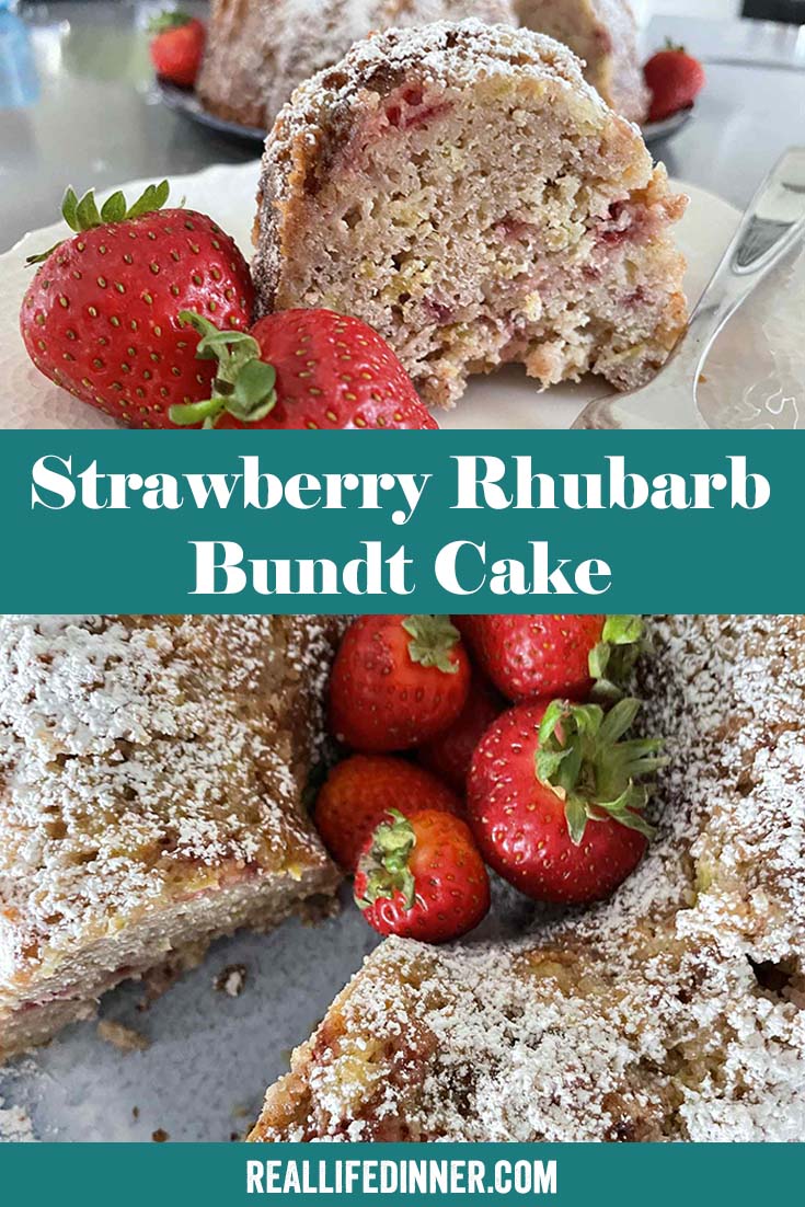 Two-photo Pinterest picture of Strawberry Rhubarb Bundt Cake with the text of the title in the middle, separating the two photos.