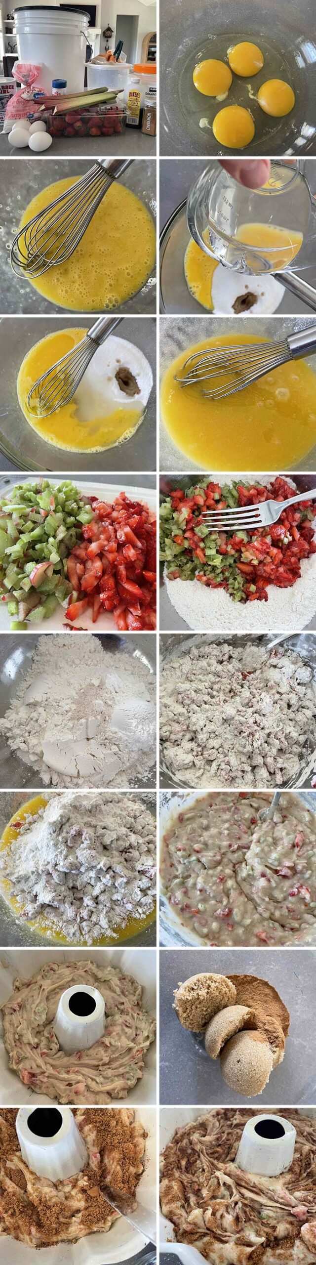 16-photo picture collage of step-by-step photos of how to make strawberry rhubarb bundt cake.
