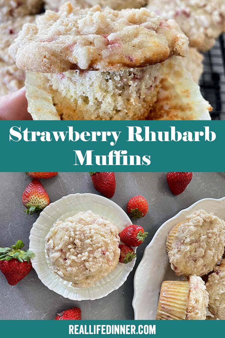 Two-photo Pinterest picture of strawberry rhubarb muffins with the text of the title in the middle, separating the two photos.