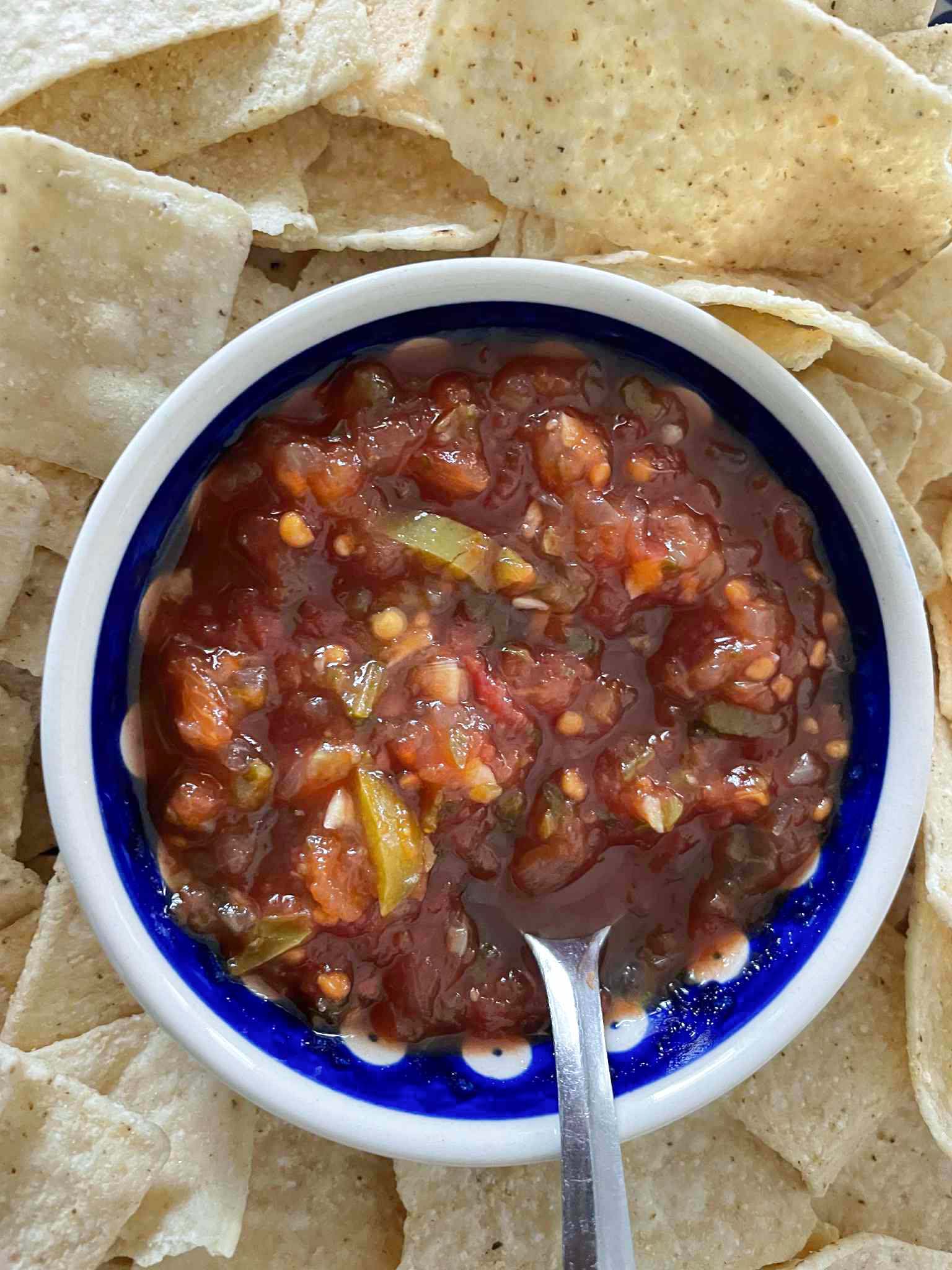 Tortilla chips surround a bowl of salsa with a spoon inserted in the salsa resting on the rim of the bowl.